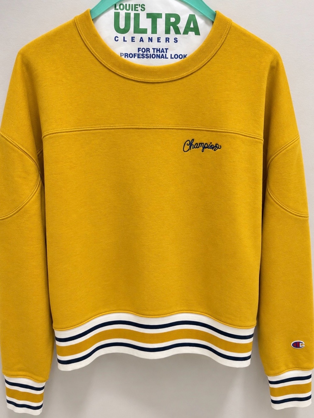 Champion Mustard Yellow Crewneck Sweater with Stripe Hem